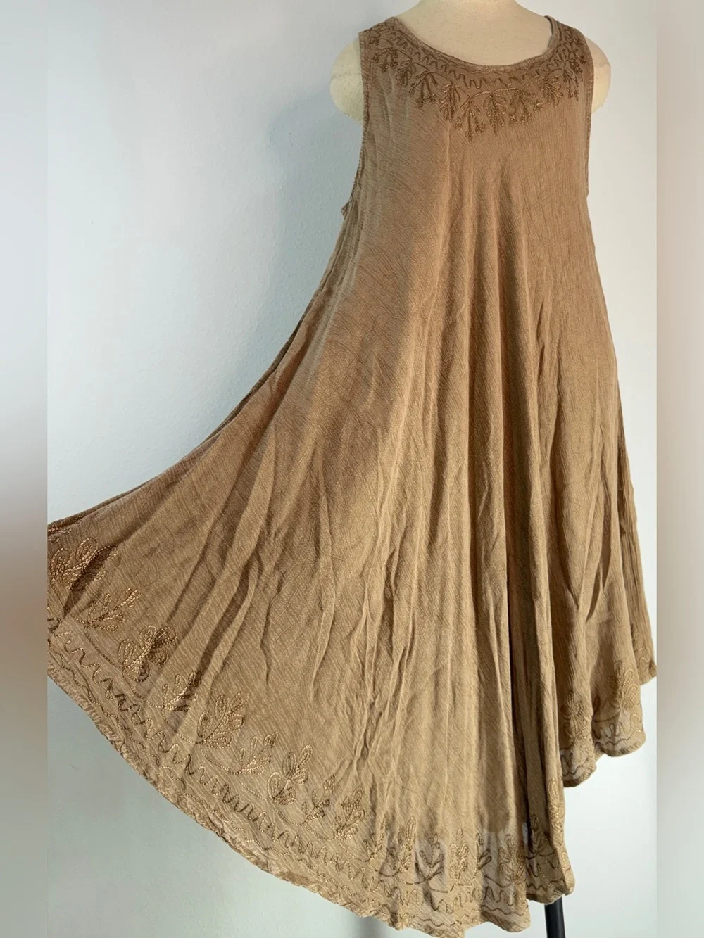 Boho Chic Tan Asymmetrical Midi Dress‎ Swim Coverup Floral Embroidered Lagenlook